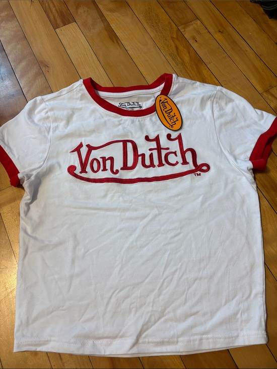 Von Dutch Tops - Von Dutch White Tee with Red Logo & Trim